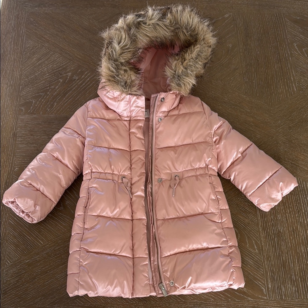 Pink Fur-Trimmed Hooded Puffer Coat